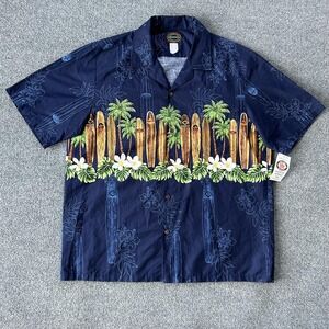 Hawaiian Reserve Collection Shirt Mens XL Blue Surfboard Palm Aloha Cotton USA